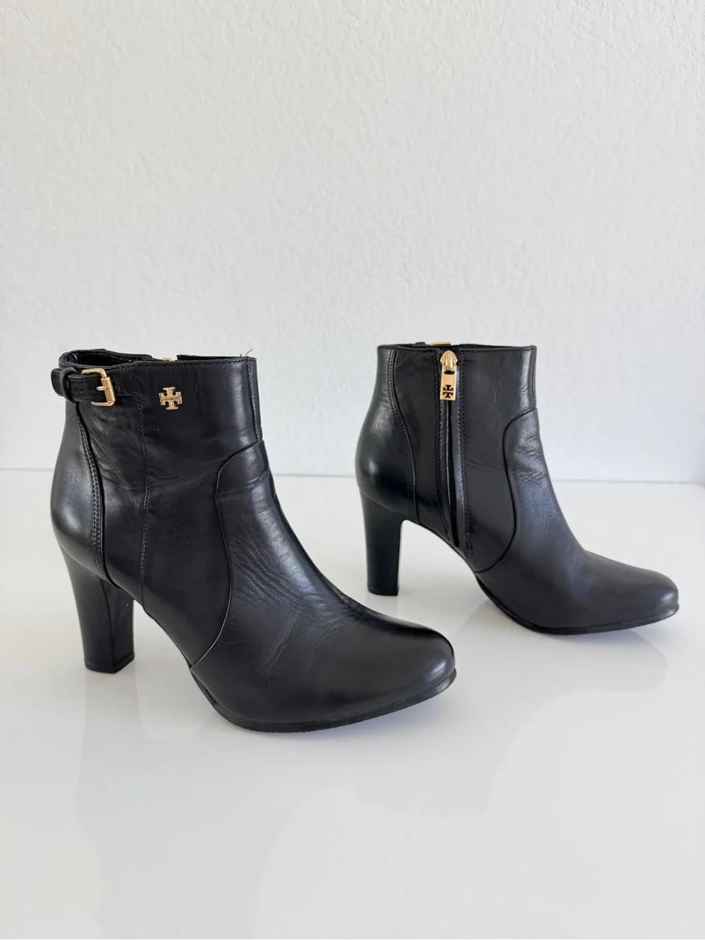 Tory Burch Black Leather Ankle Booties with Gold Hardware
